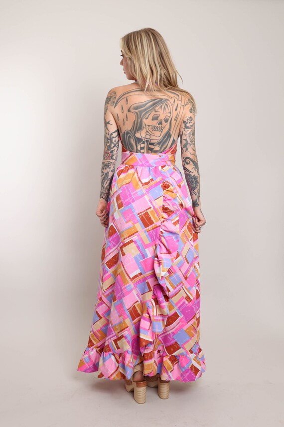 70s PINK MAXI wrap dress S / vivd pink abstract p… - image 7