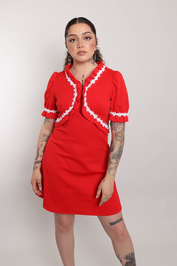 70s RED BABYDOLL dress S M / puff sleeve mod mini… - image 6