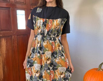 90s Cat Print Dress: Vintage Patchwork Animal Novelty Dress, Size S