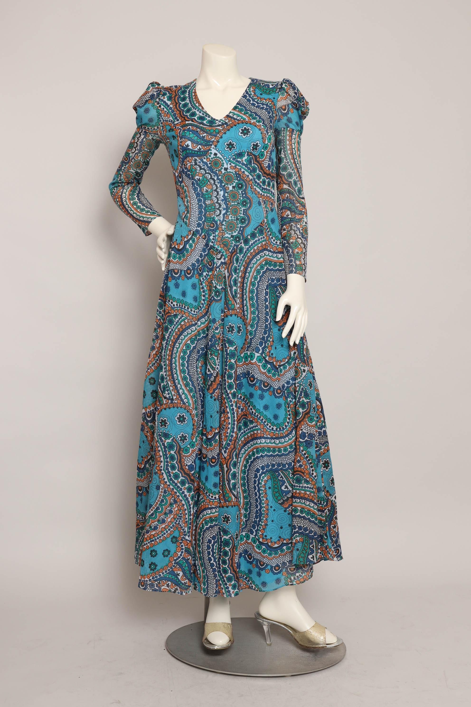 70s Psychedelic Paisley Maxi Dress: Juliet Sleeve Cut Out, Size XS