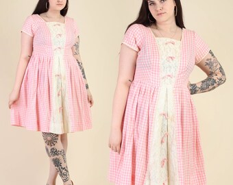 vintage 50s PINK GINGHAM lace day dress XXL / plaid garden party tea day dress rockabilly dolly / 1950s / extra extra large 0X 1X