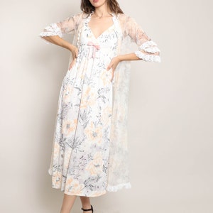 60s BOTANICAL PEIGNOIR nightgown set XS / two piece nightgown set floral nightgown sheer floral robe chiffon robe extra small 1960s