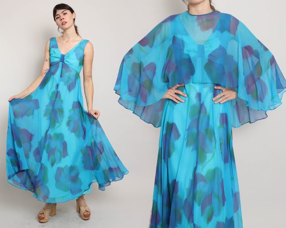 70s CHIFFON CAPE and dress set S / Rona New York … - image 1