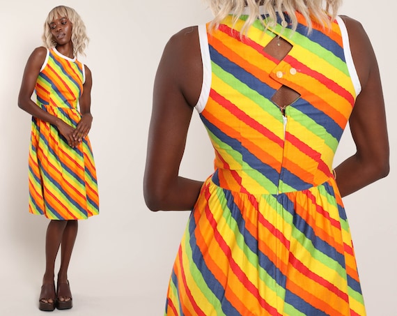 70s RAINBOW STRIPED Dress XS Petit Limoges Rainbow Striped Sun Dress Cut Out Dress Peek a Boo Open Back Dress Extra Small 1970s Etsy