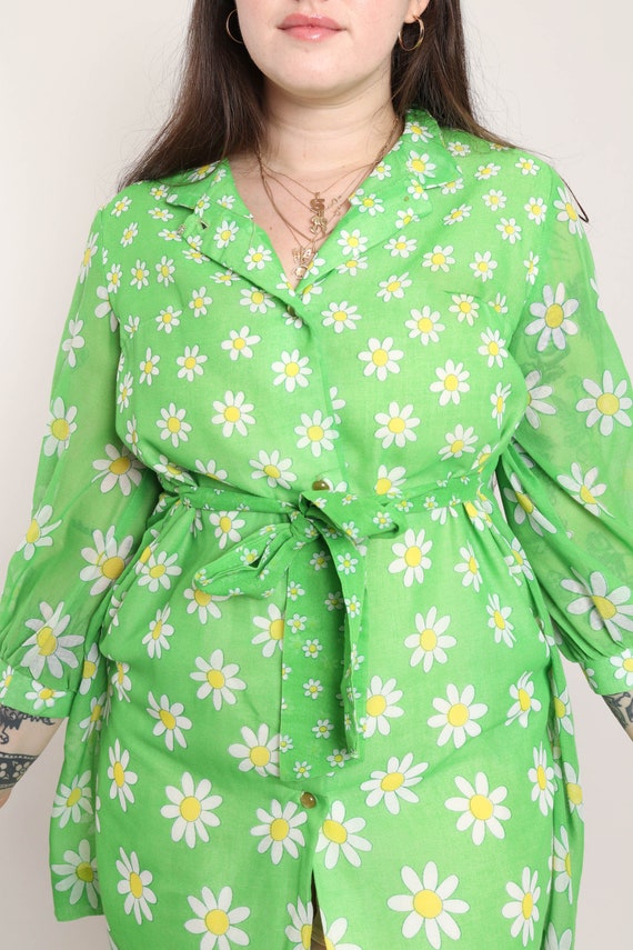 70s DAISY PRINT dress M L / Loungees green daisy … - image 5