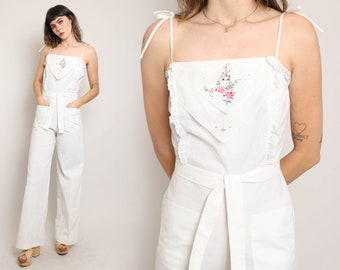 70s SPAGHETTI STRAP jumpsuit S M / deadstock PBJ by Jerell jumpsuit white bell bottom jumpsuit hippie jumpsuit small medium 1970s