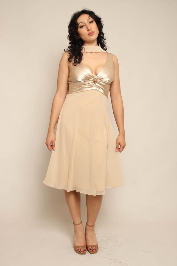champagne color cocktail dresses 00s Chiffon & Satin Dress With Sash by Patra, Size S M Satin Size:20½ 36/37 Number Sizes Stylish Comfortable Women's Dress Shining like no other