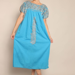 90s BLUE OAXACAN dress L XL / y2k River Path Trading southwestern dress embroidered Mexican dress extra large
