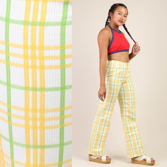70s YELLOW + PLAID bell bottoms XS 25x28 / white s