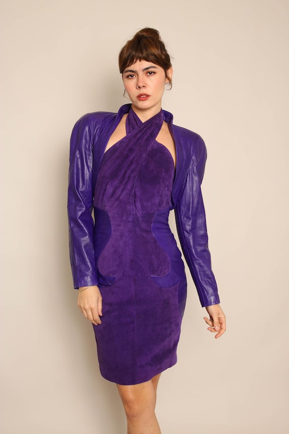 80s North Beach Michael Hoban Purple Leather Dress Jacket Set, Size S 80s North Beach Michael Hoban Purple Leather Dress Jacket Set, Size S