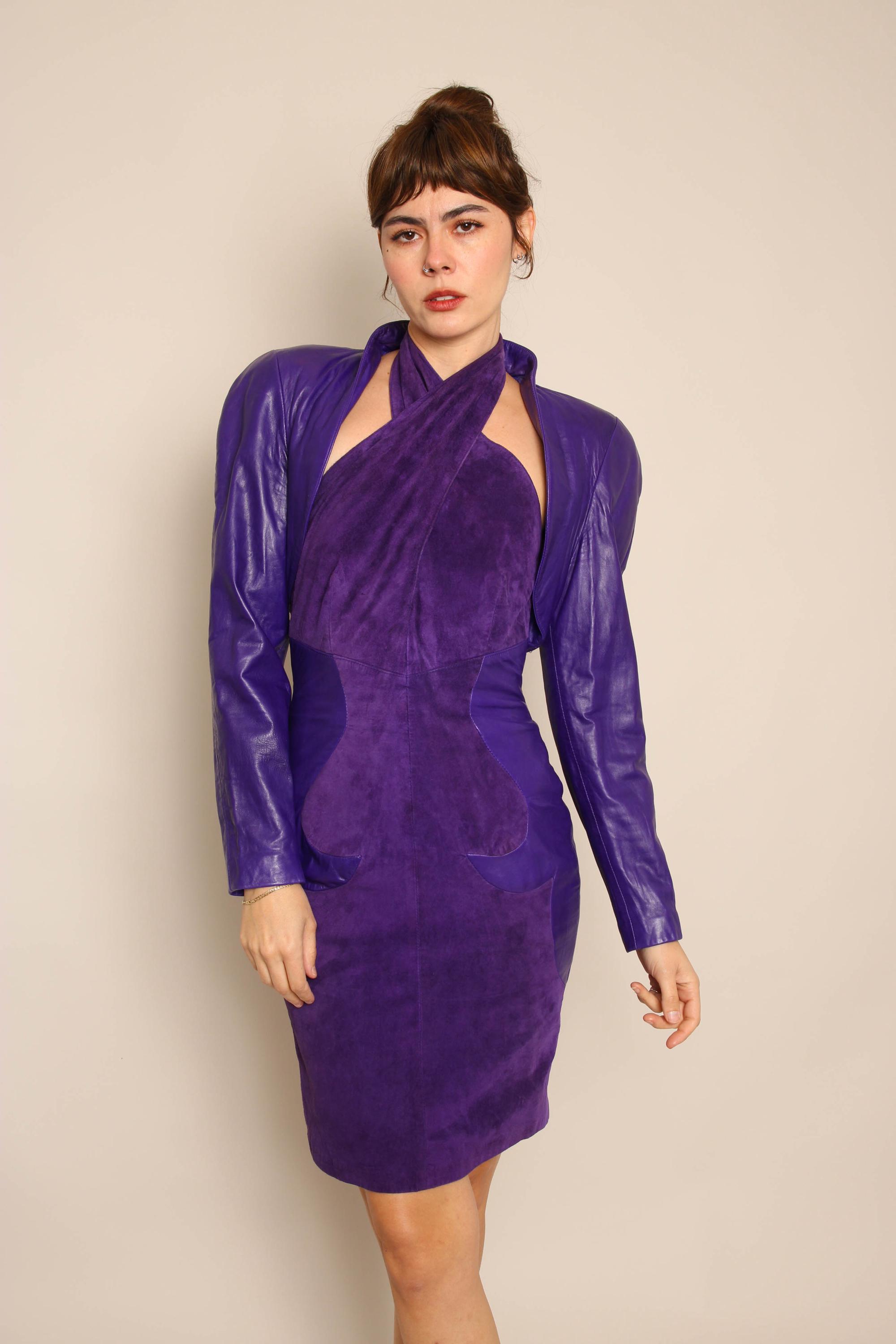 80s North Beach Michael Hoban Purple Leather Dress Jacket Set