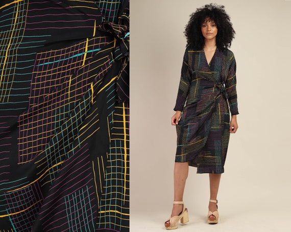 80s RAINBOW + GRAPHIC dress S M / black wrap dress