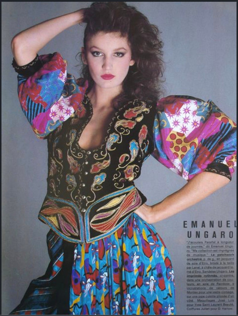 80s EMANUEL UNGARO silk dress XS cocoon draped avant garde puff sleeve pink rainbow galaxy print capriccio party 1980s extra small
