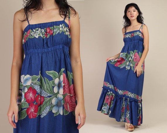 70s HAWAIIAN SUN dress S / tropical floral border