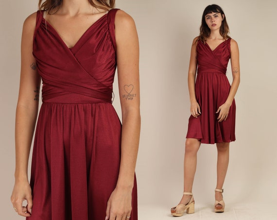 70s WINE RED dress S / wrap style bodice pleated m