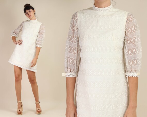 60s EMBROIDERED + MOD dress S / floral embroidered