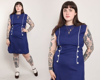 60s BLUE SHIFT dress L / Wilshire blue sleeveless shift dress accent piping double breasted buttons mod dress scooter dress large 1960s