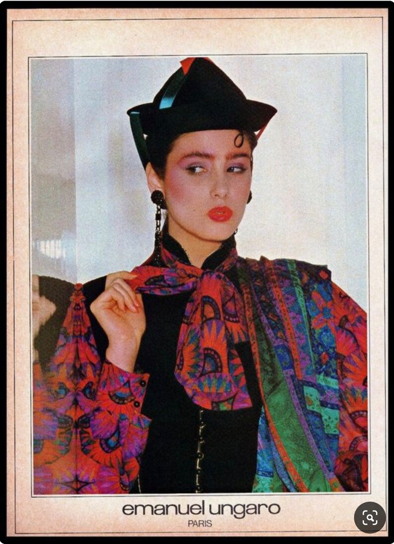 80s EMANUEL UNGARO silk dress XS cocoon draped avant garde puff sleeve pink rainbow galaxy print capriccio party 1980s extra small