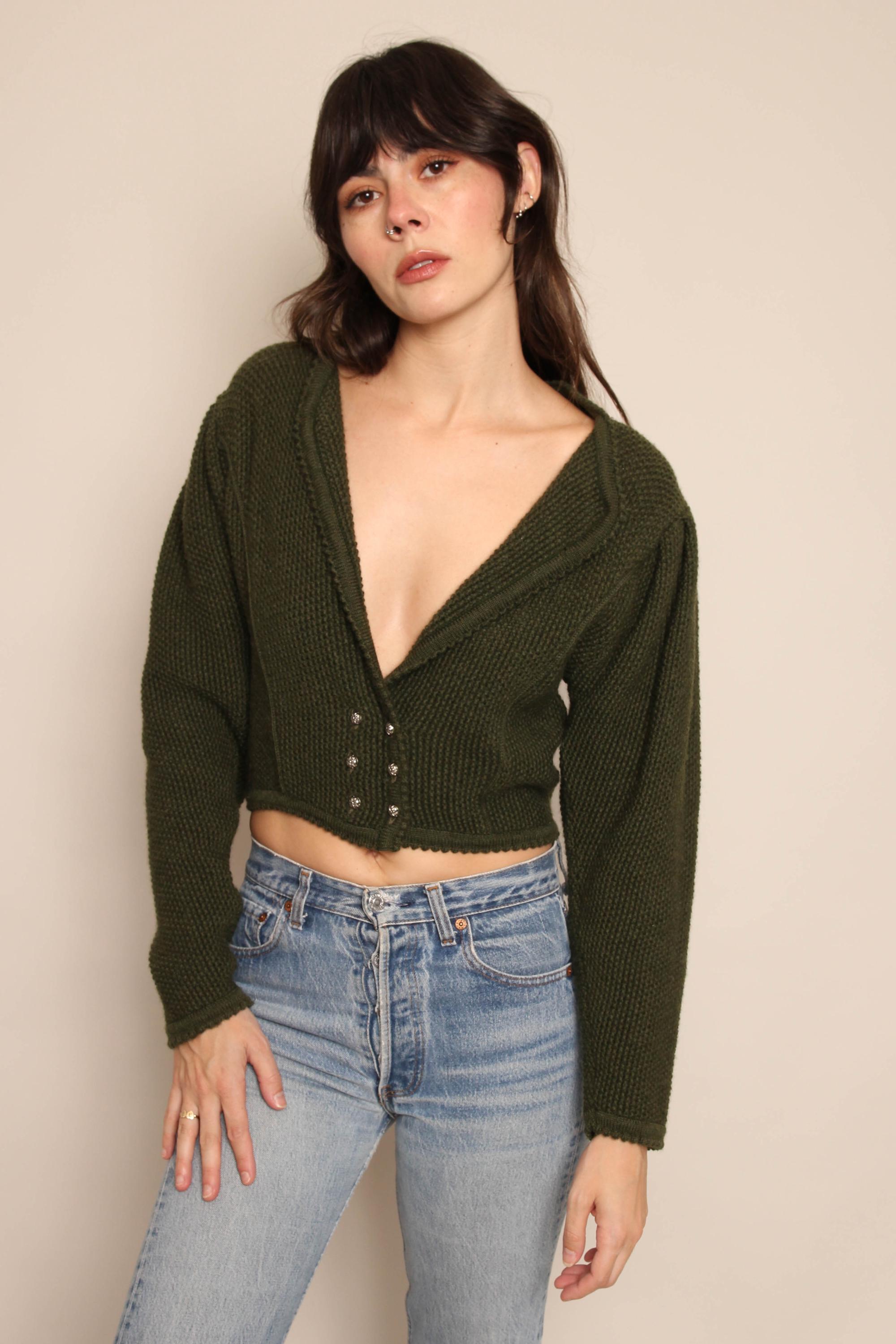 90s OLIVE KNIT Cardigan XS S / 1990s Wool Cardigan Sweater Dark