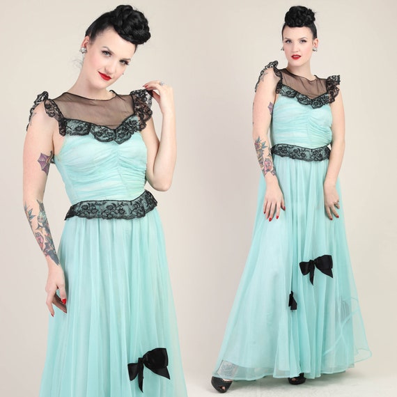 40s Turquoise Chiffon Black Lace Gown Xs S Sheer Yoke Line Etsy