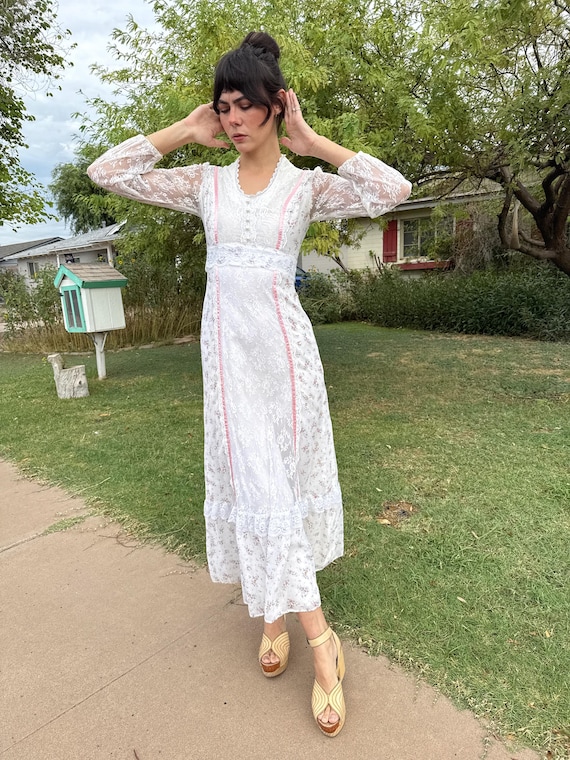 70s Pink Floral Prairie Dress: Vintage Victorian Maxi Dress With Corset, Size XS S 70s Pink Floral Prairie Dress: Vintage Victorian Maxi Dress With Corset, Size XS S