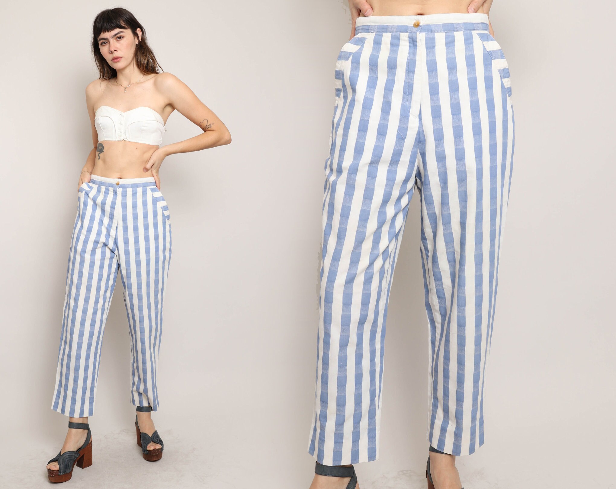 ボトムス House on the hill / Navy Stripe Pants 90 90s STRIPED COTTON Pants S M / Alexander Julian Striped