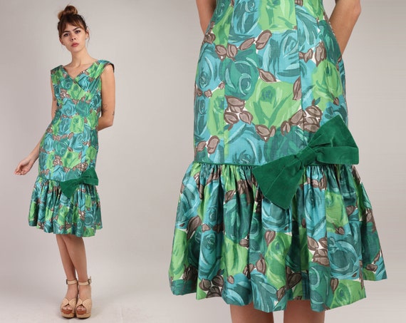 SmallMedium Vintage 60/'s Sleeveless Blue /& Green Saturated Cabbage Rose Floral Dress with Bubble Hem Skirt and Big Waist Bow by Rosenfeld
