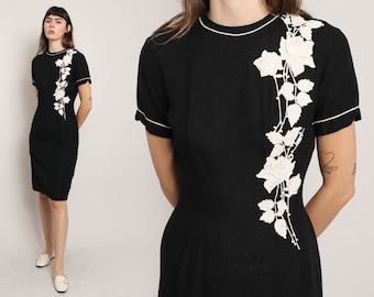60s FLORAL APPLIQUE dress S M / black and white wiggle dress asymmetric floral print dress accent piping dress small medium 1960s 50s 1950s