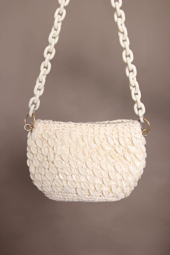 1950s Beaded Straw Mid Century Purse: Cream Woven Handbag With