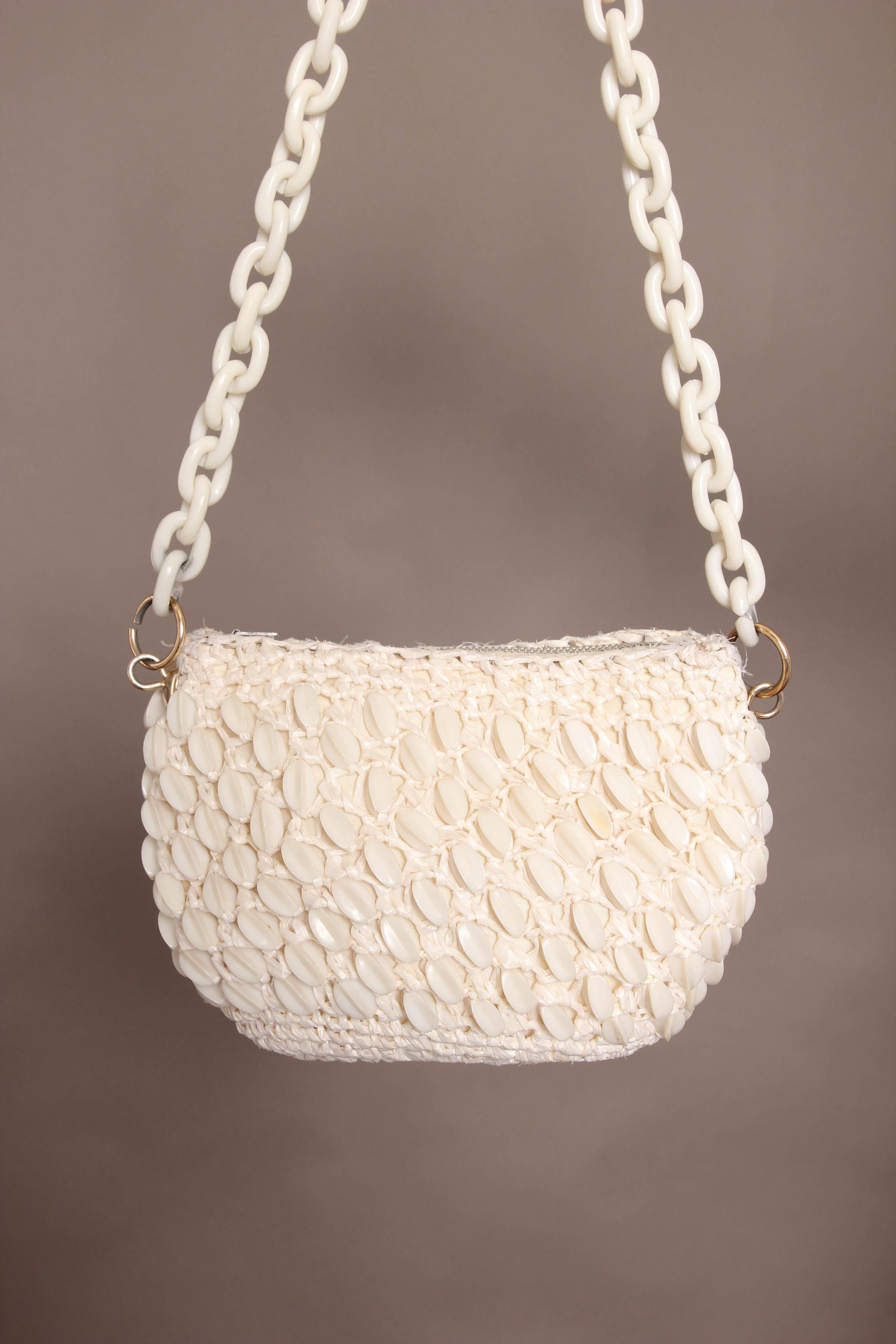 ハンドメイドv 1950s Beaded Straw Mid Century Purse: Cream Woven Handbag With