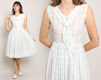 Robe en coton TRANSPARENT des années 50 XS / robe en coton brodé bleu blanc marinière cravate en coton robe sans manches en coton robe très petite des années 1950