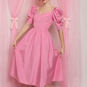 80s ROSETTE TAFFETA dress XS S / 1980s pink party dress pink puff sleeve dress pink tea length dress pink prom dress small extra small