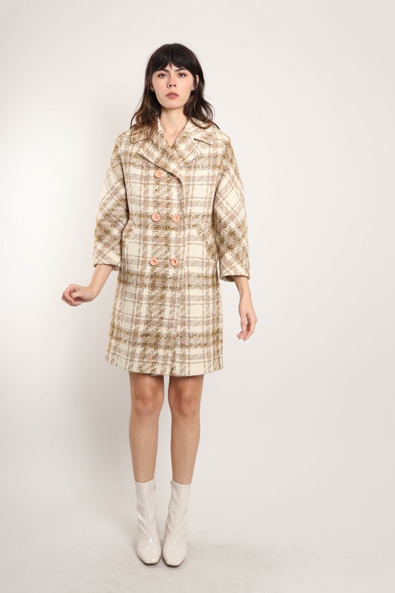 70s PLAID TWEED coat M / brown plaid wool coat do… - image 3