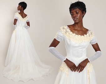 60s CHIFFON wedding dress set with train XS / floral applique wedding dress with hand goves handless gloves wedding gown extra small 1960s