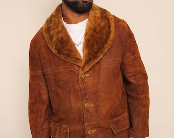 Kurtka skórzana zamszowa z lat 70. z kołnierzem futrzanym: Vintage Sears The Men's Shop Brązowy płaszcz