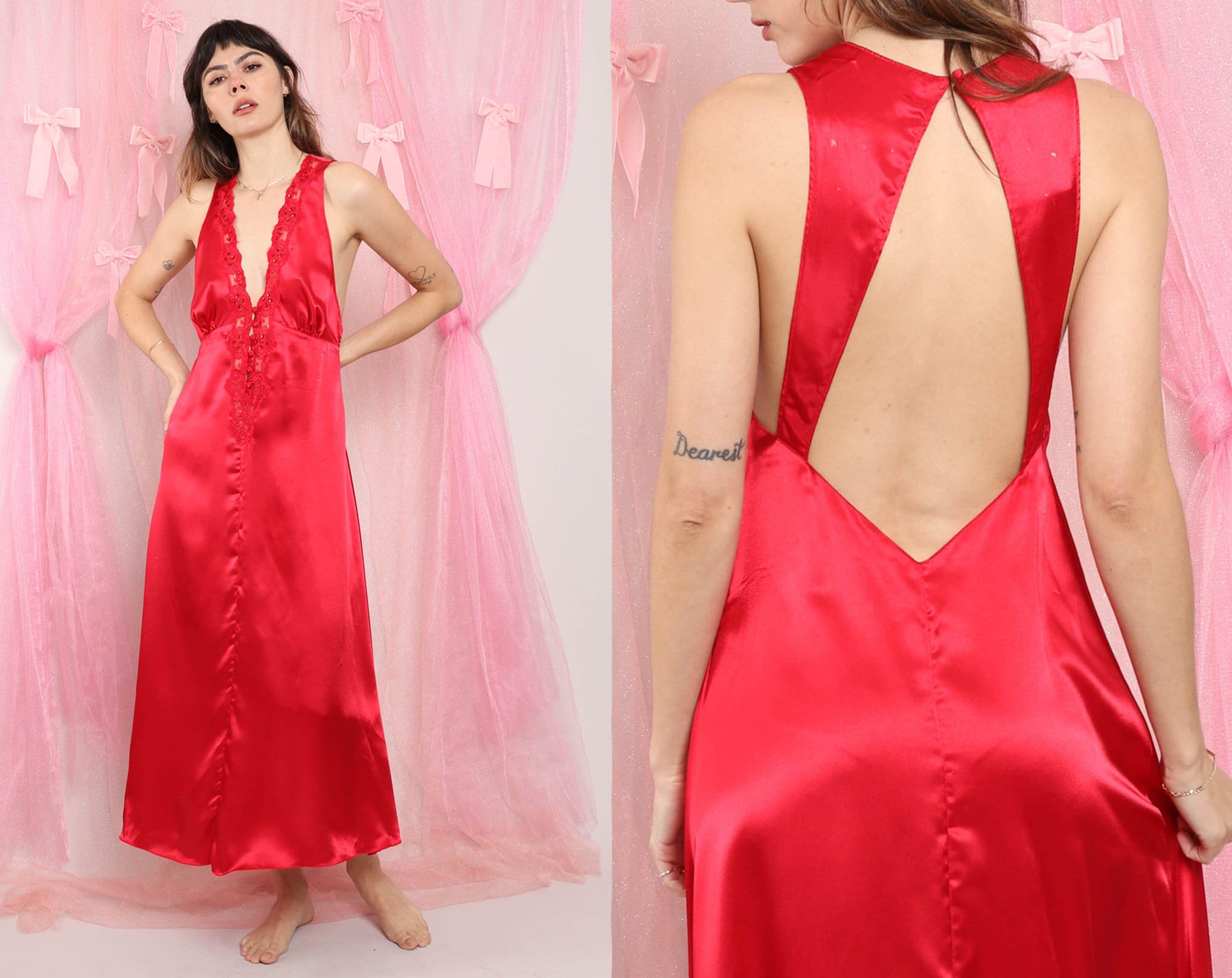 Victoria's Secret M,L,XL SLIP DRESS satin WHITE red green strawberry  ebroidered