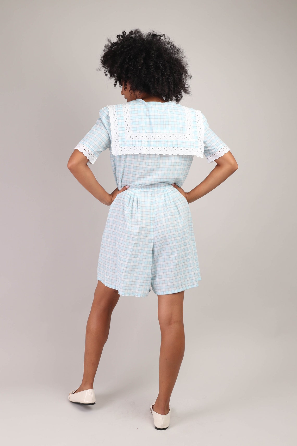 80s EYELET COLLAR romper M / baby blue plaid cotton romper Etsy