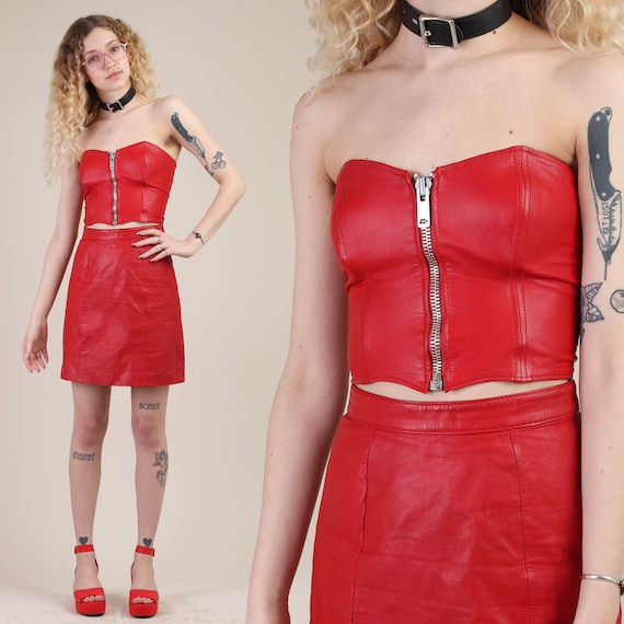 red leather two piece outfit