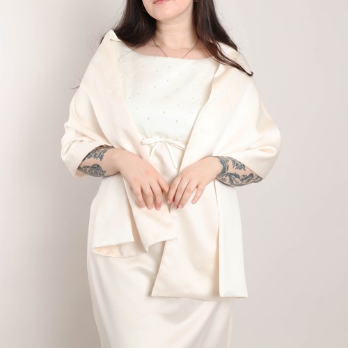 90s OLEG CASSINI shops wedding dress with shawl XL / cream blush satin dress pearl beaded satin dress matching shawl set extra large 1990s