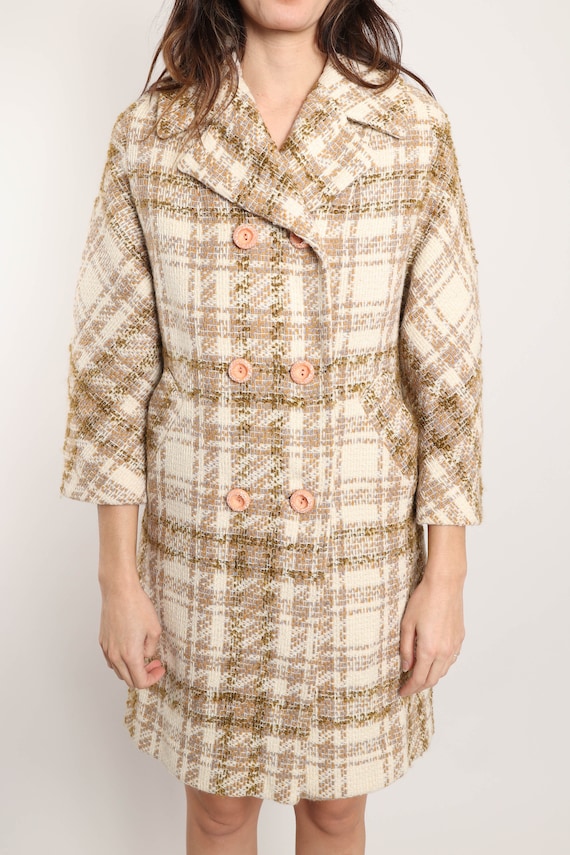 70s PLAID TWEED coat M / brown plaid wool coat do… - image 6