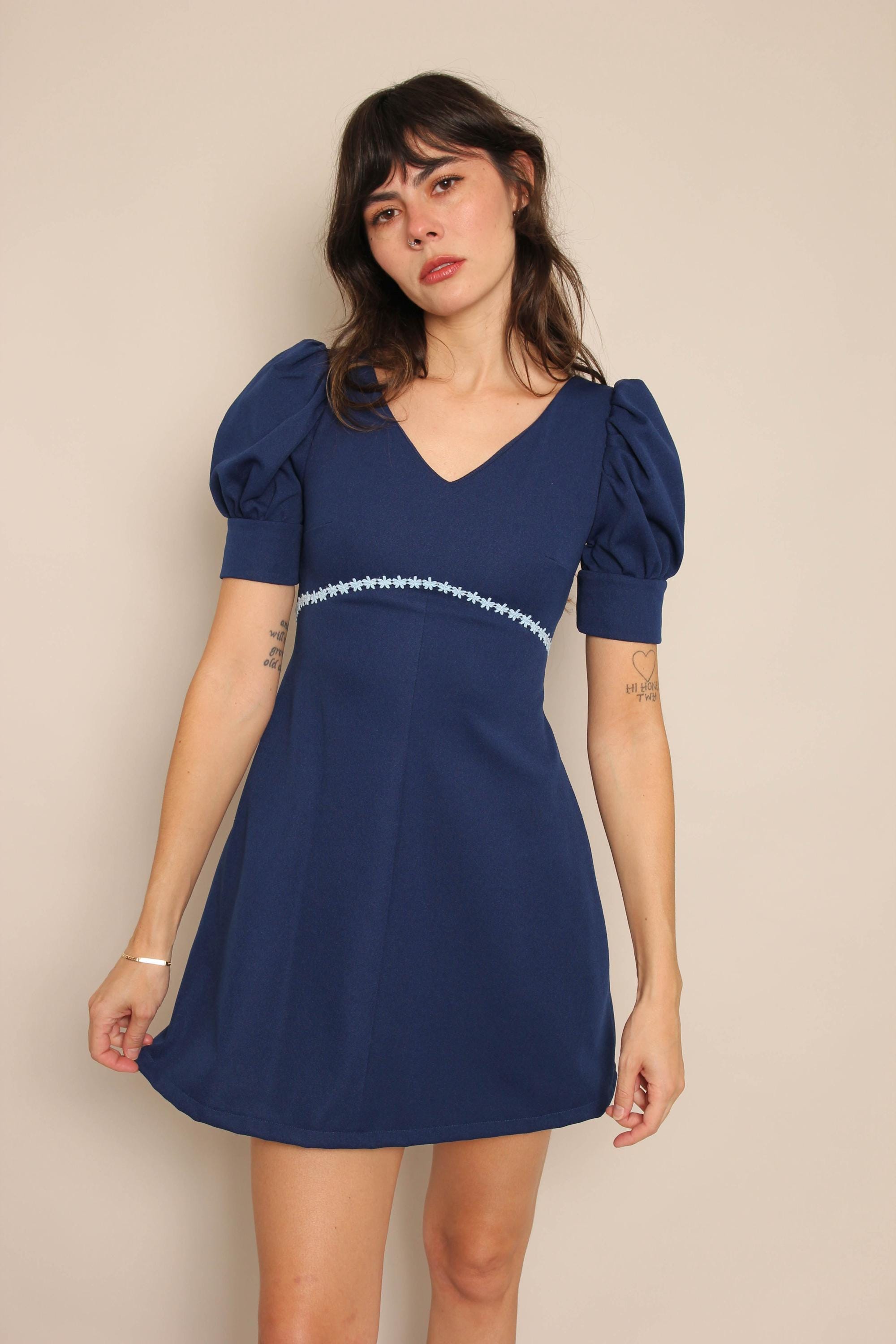 70s PUFF SLEEVE Babydoll Mini Dress XS / 1970s Blue Babydoll