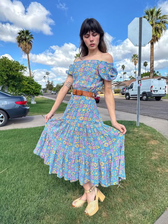 70s Floral Peasant Dress: Blue Patchwork Maxi Dre… - image 5