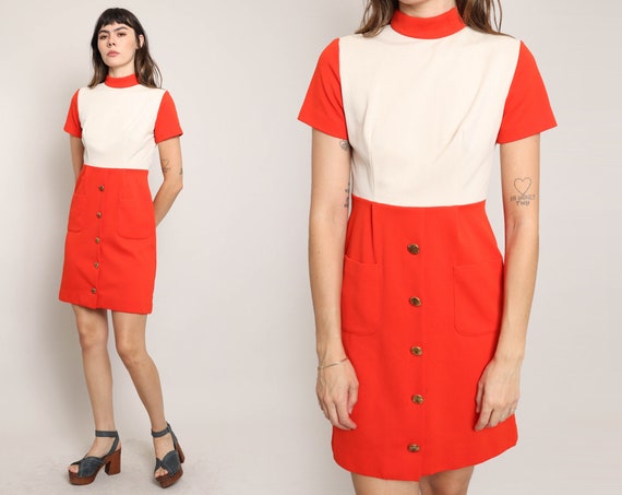 60s SPACE AGE dress S / red mod dress red steward… - image 1