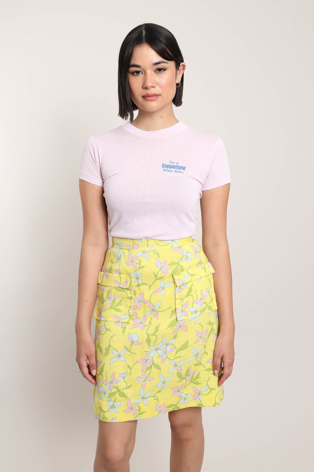 Medium 1960s Yellow Knit Outfit Sleeveless Top and Skirt main image 0