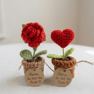 Puede incluir: Dos arreglos florales de ganchillo en macetas pequeñas. Uno presenta una rosa roja, el otro un corazón rojo. Ambos tienen hojas verdes y están en macetas marrones con etiquetas que dicen "Mama, du bist die Beste".