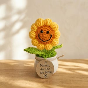 Könnte beinhalten: Gehäkelte Sonnenblume mit lächelndem Gesicht in einem kleinen weißen Topf. Die Blume hat gelbe Blütenblätter und eine orangefarbene Mitte. Grüne Blätter und ein Anhänger mit Text sind ebenfalls sichtbar.