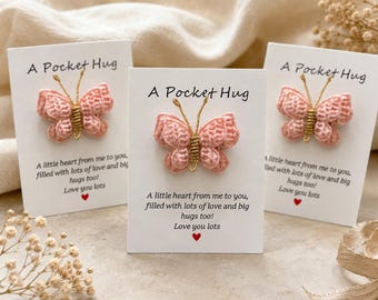 Taschenumarmung, Umarmung für Unterwegs, kleine Geste, personalisiertes Geschenk, Schmetterling Haarclip, Pocket Hug