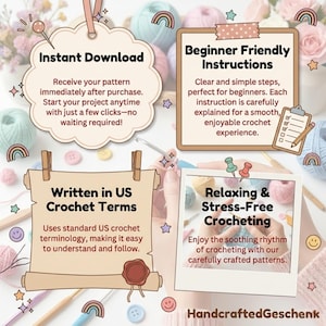 K&ouml;nnte beinhalten: Bild mit H&auml;kel-bezogenem Text und Grafiken. Der Text enth&auml;lt "Sofort-Download", "Anf&auml;ngerfreundliche Anweisungen", "Geschrieben in US-H&auml;kelbegriffen" und "Entspannendes & Stressfreies H&auml;keln". Der Hintergrund zeigt Garn, Kn&ouml;pfe und H&auml;kelnadeln.