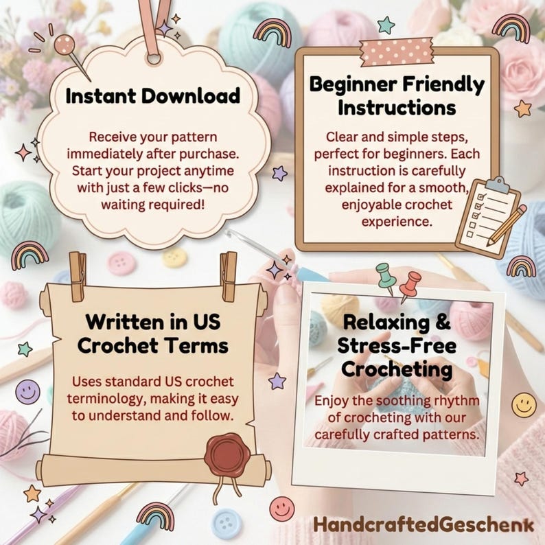 K&ouml;nnte beinhalten: Bild mit H&auml;kel-bezogenem Text und Grafiken. Der Text enth&auml;lt "Sofort-Download", "Anf&auml;ngerfreundliche Anweisungen", "Geschrieben in US-H&auml;kelbegriffen" und "Entspannendes & Stressfreies H&auml;keln". Der Hintergrund zeigt Garn, Kn&ouml;pfe und H&auml;kelnadeln.