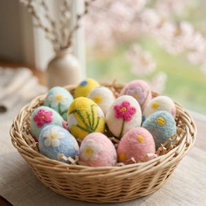 May include: A wicker basket filled with colorful, decorated Easter eggs. The eggs are various pastel colors, including blue, pink, yellow, and white, and are adorned with embroidered flower designs. The basket sits on a neutral-toned surface.